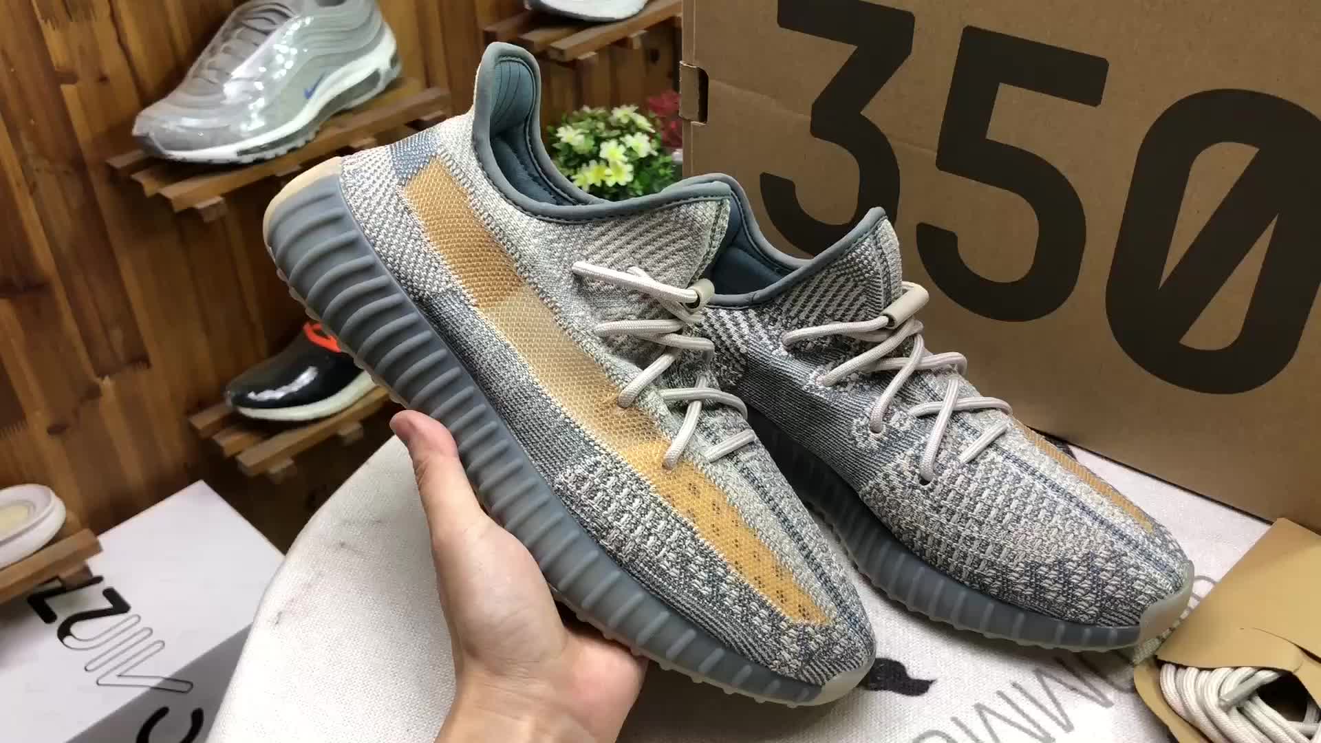 纯原yeezy 350 v2巴斯夫爆米花运动鞋 灰蓝橘天使侧透椰子 asriel fz