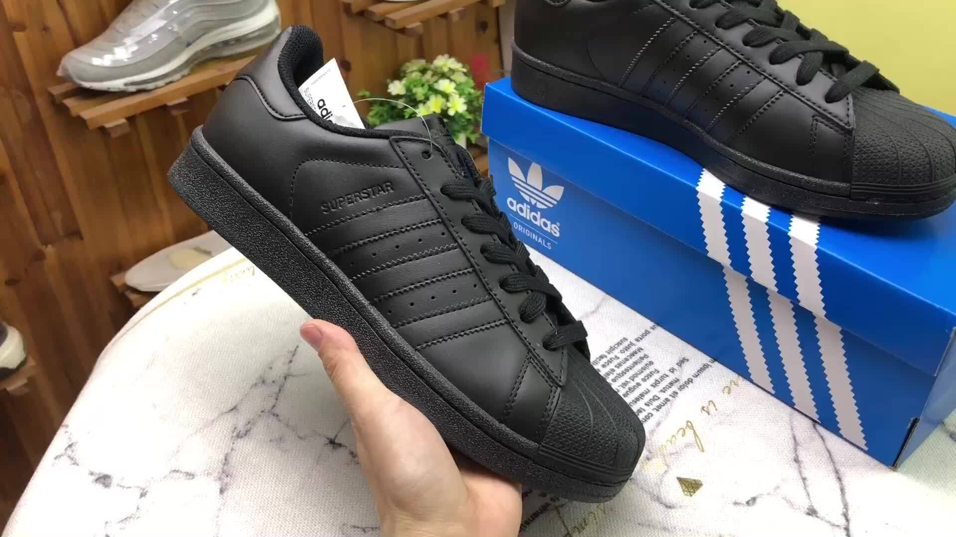 公司级adidas三叶草superstar黑武士贝壳头头层皮软蓝底情侣全黑贝壳