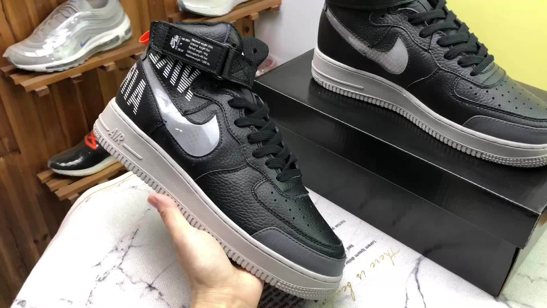 真标 头层皮 空军一号nike air force 1 af1 黑灰解构空军高帮板鞋 cq